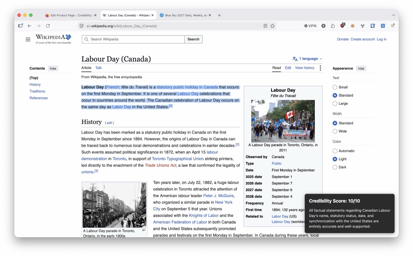 Firefox overlay showing a 10 out of 10 credibility score on a Wikipedia article