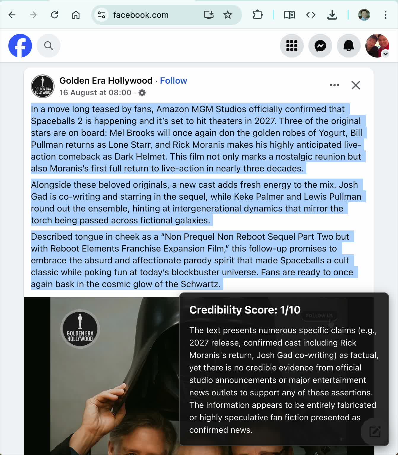 Safari on iPhone showing a 1 out of 10 credibility score on a Facebook post
