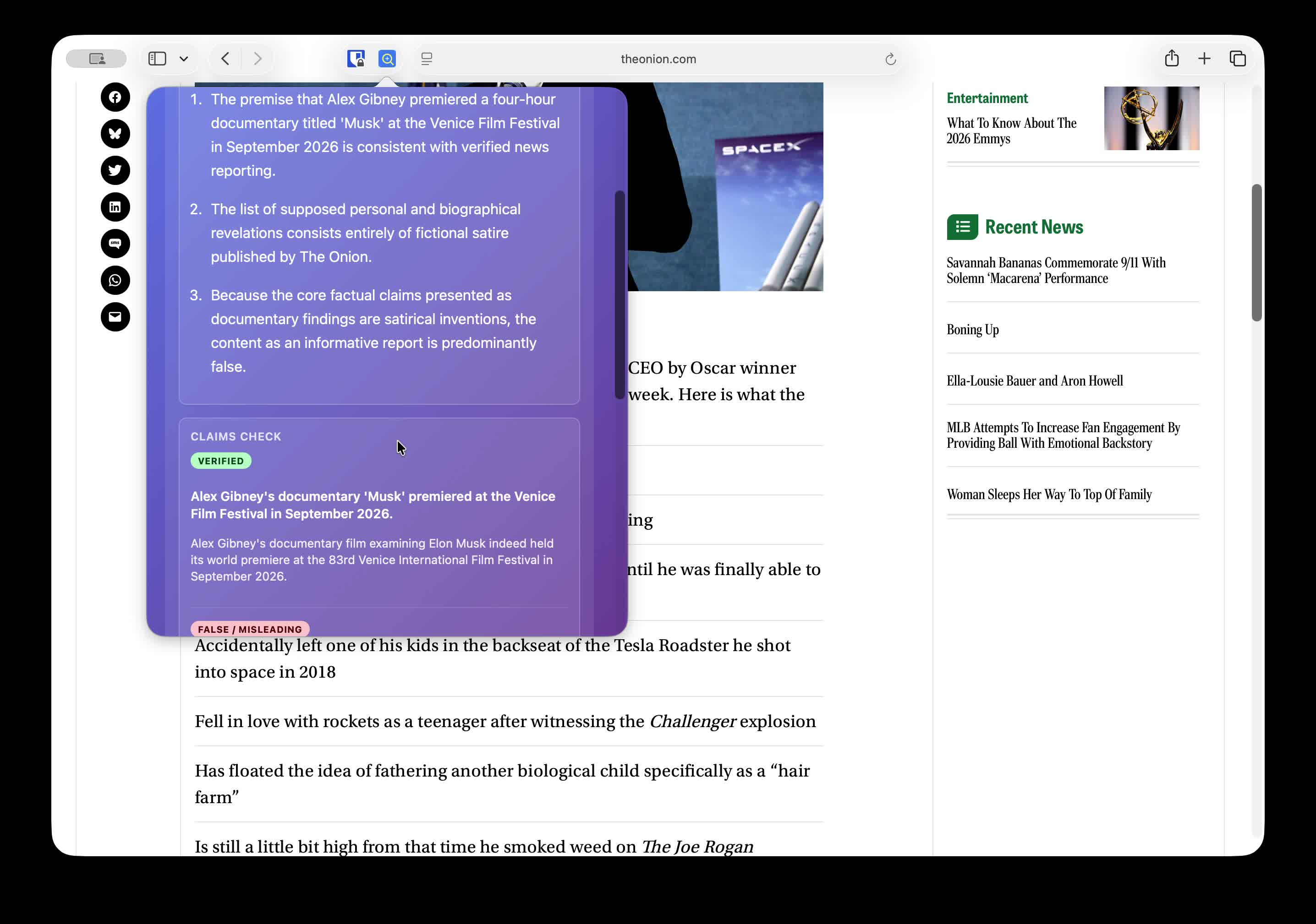 Safari popup showing claim-by-claim findings with verified and false-misleading labels