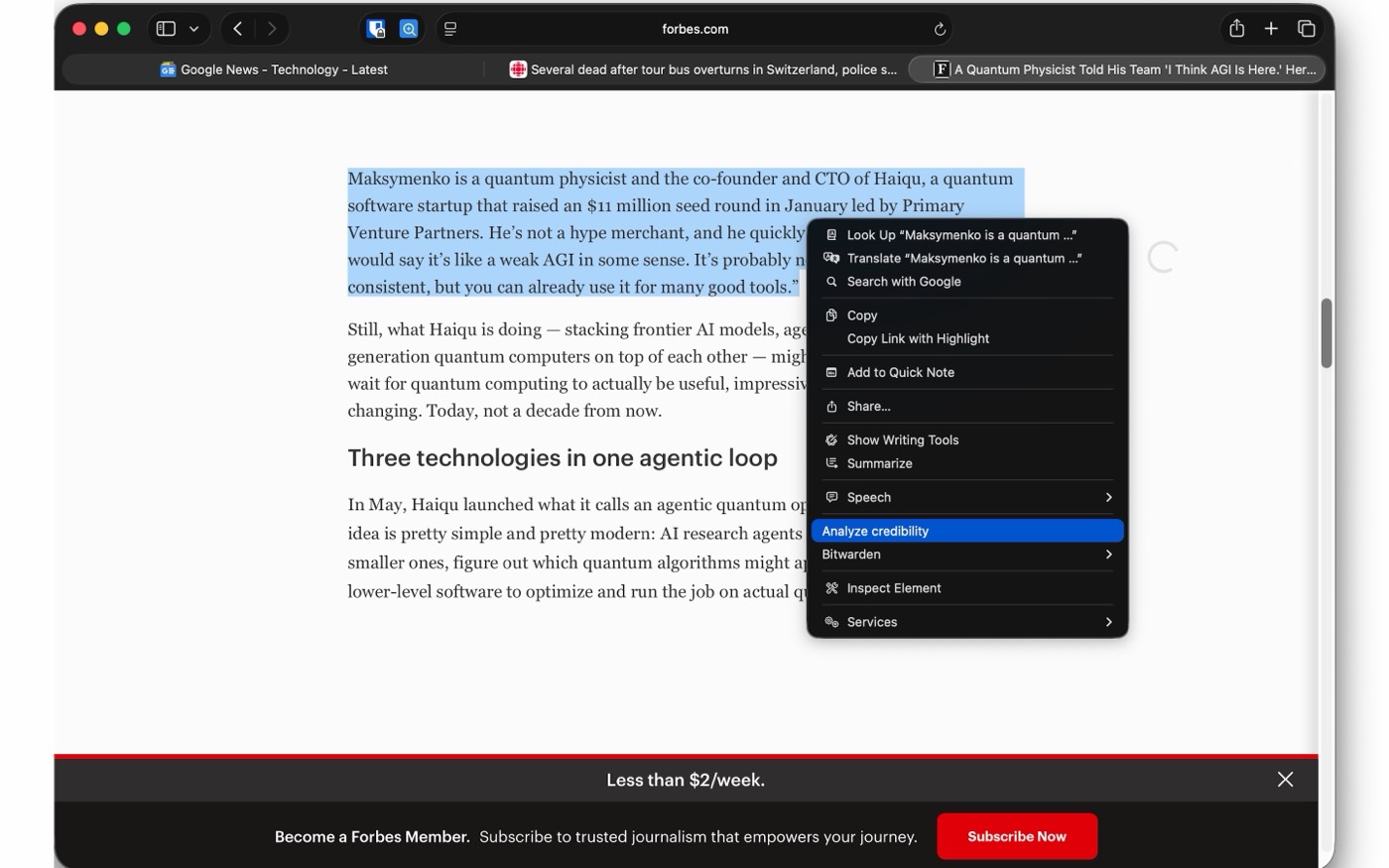 Safari context menu with Analyze credibility selected on highlighted text